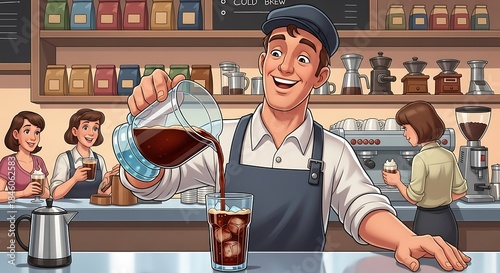 Barista pouring cold brew coffee into a glass with ice cubes in a cafe.