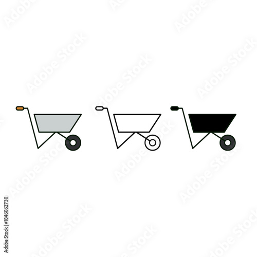 Set of three wheelbarrow icons in different styles
A collection featuring three variations of a wheelbarrow icon: one colored, one simple outline, and one solid black silhouette