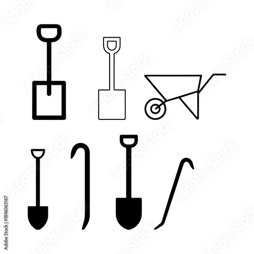 Set of gardening and construction tools icons shovels, spades, and crowbars
A collection of simple black line icons representing various gardening and construction tools, 