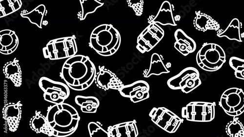 Abstract Black and White Doodle Animation with Summer Vacation Icons and Symbols.