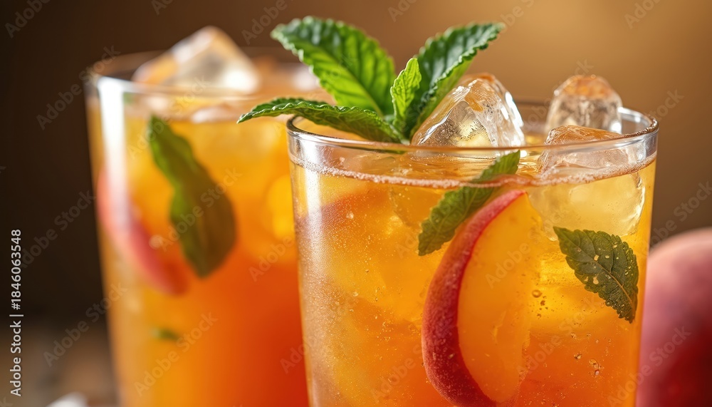Fototapeta premium Two glasses of peach iced tea with mint and ice cubes are on a table. Peach slices float in the amber liquid, garnished with fresh green mint leaves. Refreshing cold drink on a warm day.