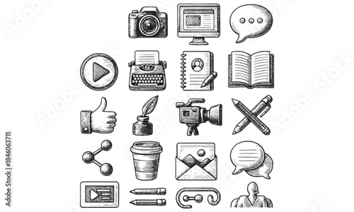 Social Media Blogging Content Creation Icons Vintage Sketch Set