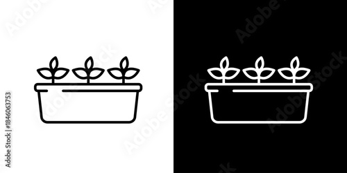 Single icon of seedling tray with three young plants in a line, presented in both black and white outline illustrations