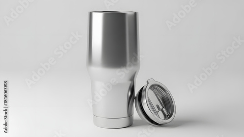 Blank silver stainless steel tumbler mockup with its lid off on a clean white background, insulated travel mug template for branding.