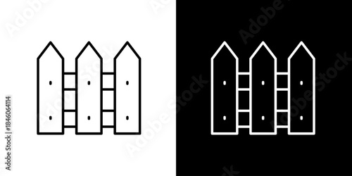 Simple outline icon illustration of a wooden fence on a black and white background