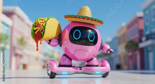 Fototapeta Naklejka Na Ścianę i Meble -  Cartoonish pink robot wearing a straw hat rides a personal transporter while holding a dripping savory food item