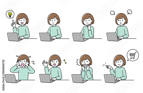 ノートパソコンを操作する女性のイラストセット