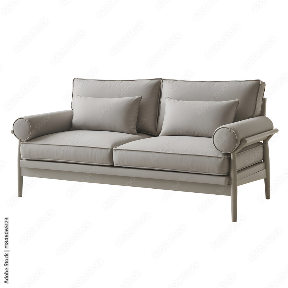 Fototapeta premium Light gray two-seater sofa with plush cushions and cylindrical armrests vactor couch
