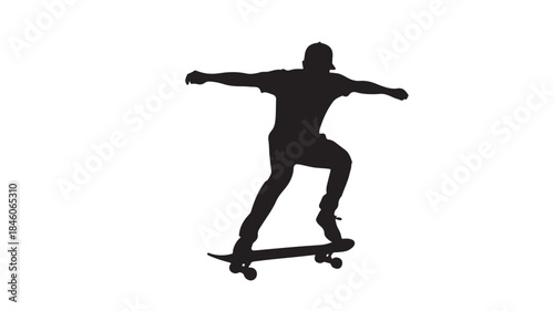Skateboarder Silhouette Riding Skateboard Isolated on White Background