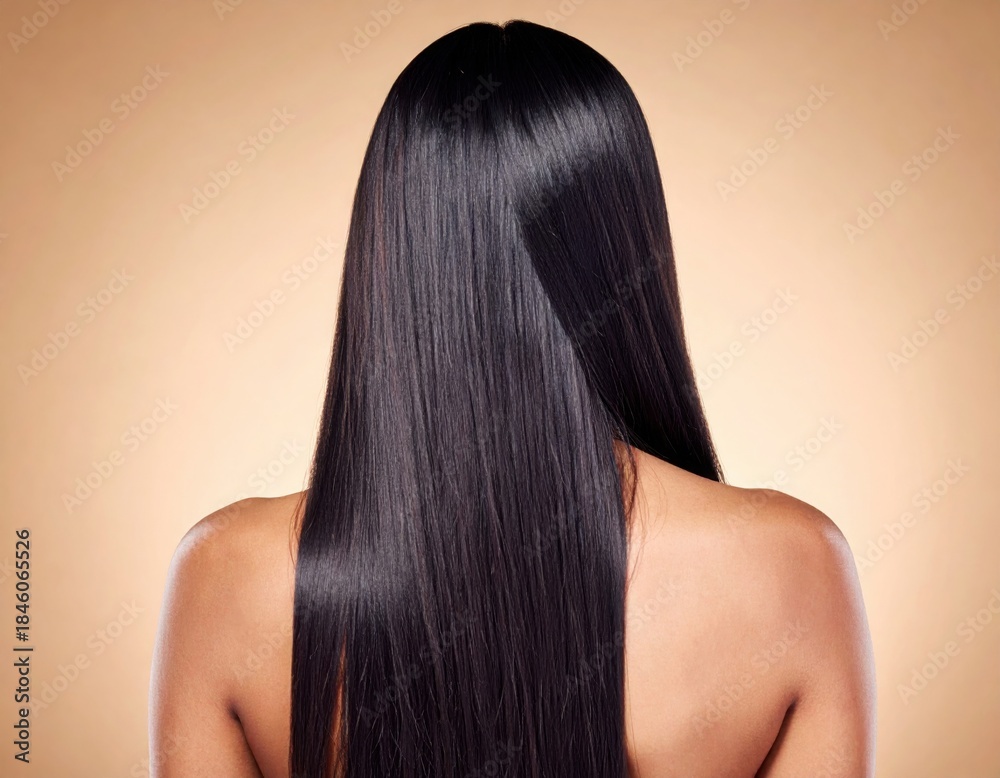 Fototapeta premium a woman with long, clean, shiny black hair. Back view. suitable for hair shampoo advertisements.