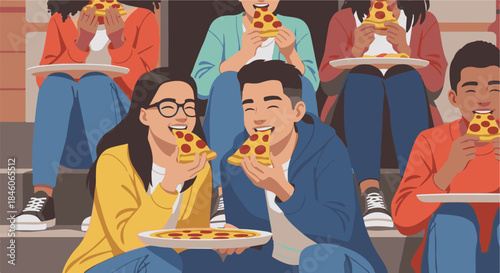 A Diverse Group of Friends Enjoying Slices of Delicious Pizza Together Outdoors