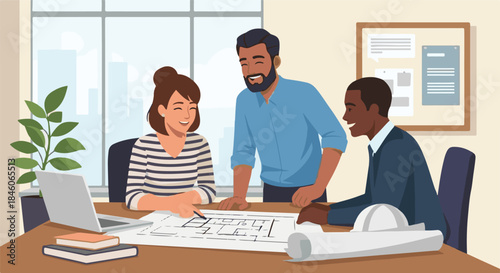 Diverse team of professionals collaborating on a blueprint at a modern office table, discussing architectural plans and smiling