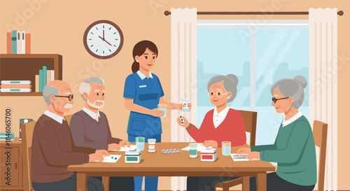 Elderly people receiving care and medication from a nurse in a room