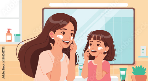 Mother and Daughter Applying Face Cream Together in a Bathroom