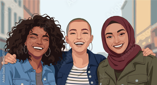 Diverse group of happy women smiling and embracing each other, celebrating friendship and unity