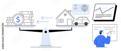 Scales with money and assets, charts, data, and a person analyzing. Ideal for finance, investment, balance, economy budgeting trade-off decision-making. Simple flat metaphor