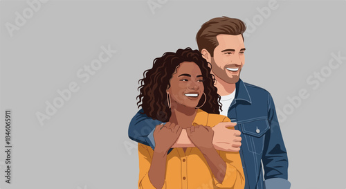 Smiling multiethnic couple embracing warmly, symbolizing happiness, partnership, and positive human connection in a modern relationship