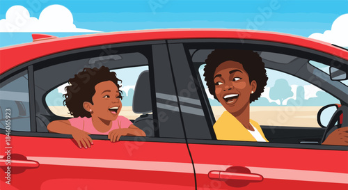 Happy mother and daughter enjoying a joyful road trip in a vibrant red car on a sunny day, sharing smiles and creating cherished family memories together