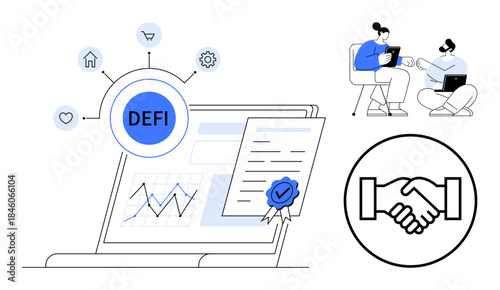 Decentralized finance concept. Decentralized finance connects financial technology, smart contracts, and blockchain systems. Decentralized finance applications in fintech, banking, and investments