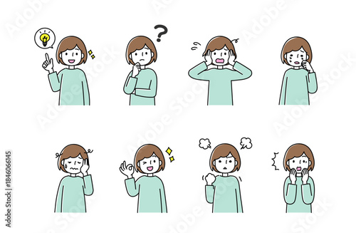 女性の色々なポーズと表情のセットイラスト
