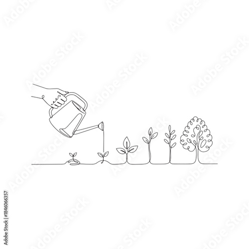Continuous one line drawing of a hand holding a watering can pouring water on plants in different stages of growth, from sprout to tree. Minimalist vector illustration symbolizing nurturing and develo