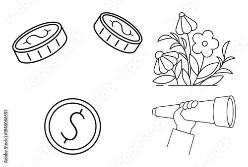 Investment ideas, financial growth, wealth building, opportunity visualization, economic planning, nature conservation. Coins, flowers and a hand holding a telescope. Investment and financial growth