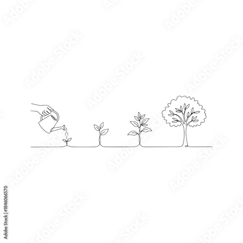 Continuous one line drawing of a hand holding a watering can pouring water on plants in different stages of growth, from sprout to tree. Minimalist vector illustration symbolizing nurturing and develo