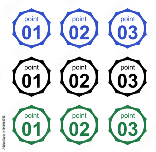 「point 01, 02, 03」の数字が入った９点の幾何学的なポイントバッジのベクターコレクション。青、黒、緑の３つの配色でデザインされ、円形のスカラップ（鋸歯状）のエッジが特徴で、手順インフォグラフィック、重要事項のハイライト、ランキング表示、チュートリアルガイド、モダンなグラフィックデザイン要素に最適。