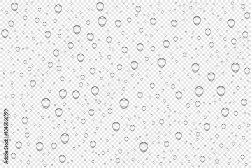 Realistic Water Drop Background with Transparent Droplets, Moisture Condensation, Splash Texture, Dew and Raindrop Effect for Clean Liquid Design