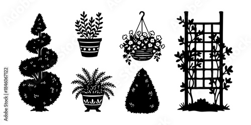 set of garden plant silhouettes, isolated background
