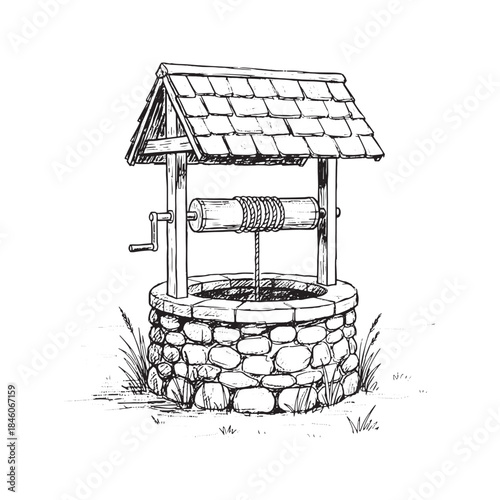 Pencil sketch illustration of an old rustic stone water well with a wooden roof and crank handle.
