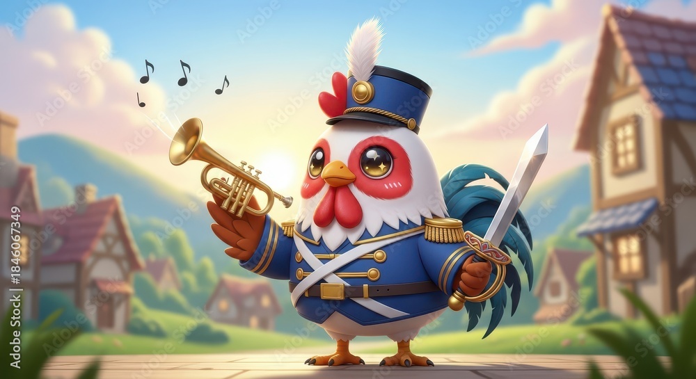Naklejka premium Charming cartoon rooster soldier stands proudly playing a brass instrument in a village setting