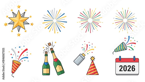 Celebratory Icons A Collection of Fireworks, Champagne, and Festive Elements for New Year Celebrations in 2026