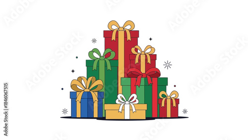 Festive Stack of Colorful Wrapped Gift Boxes with Ribbons, Perfect for Celebrations and Giving