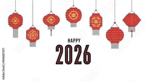 Chinese New Year 2026 Celebration with Lanterns, Greeting Card, Holiday, Festivities, and Traditions