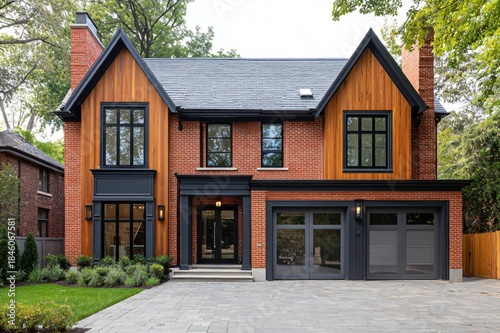 Modern two-story red brick house with wood accents and black trim