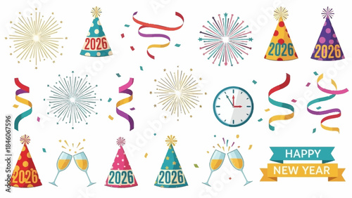 Festive New Year's Eve Celebration Fireworks, Party Hats, and Champagne Cheers in a Vector Illustration