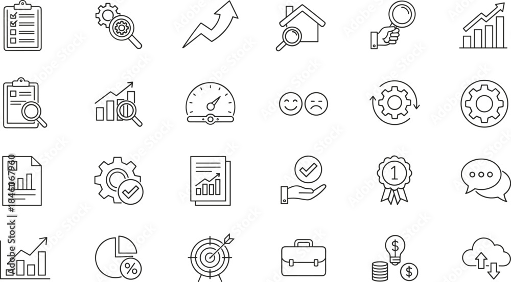 Fototapeta premium Comprehensive Vector Line Icon Set for Business, Finance, and Analytics, Featuring Checklists, Growth Charts, Target Goals, Cloud Upload, and Customer Satisfaction Feedback.
