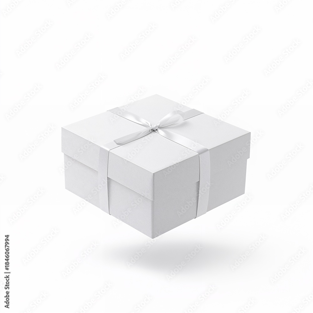 Fototapeta premium Floating White Gift Box with Silver Ribbon and Bow Isolated on Clean Background, Copy Space