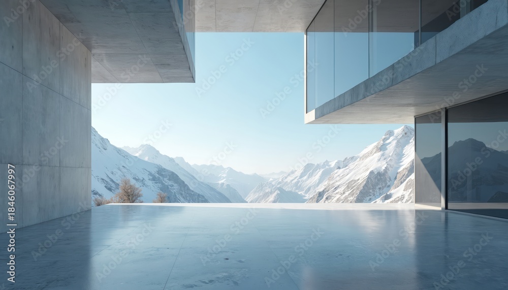 Fototapeta premium Modern concrete and glass building overlooks snow covered mountains. Expansive empty terrace faces serene winter landscape. Bright daylight illuminates clean architectural scene.