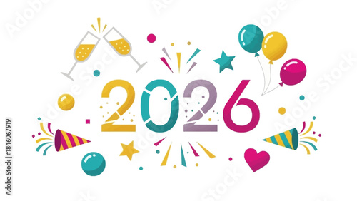 Colorful 2026 New Year Celebration with Confetti, Cheers, and Festive Balloons - Perfect for Events