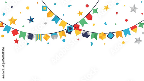 Colorful Festive Bunting Garlands and Confetti Border, Perfect for Celebrations and Parties