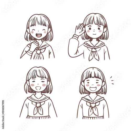 Set of hand drawn student girl with various facial expressions character pose.