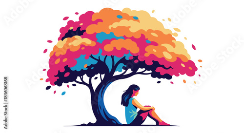 Woman sitting under colorful tree with transparent background