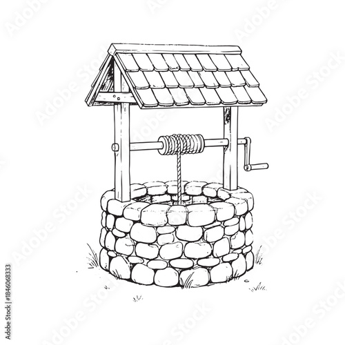 Pencil sketch illustration of an old rustic stone water well with a wooden roof and crank handle.
