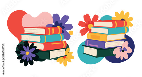 Stacked books with flowers, colorful floral arrangement