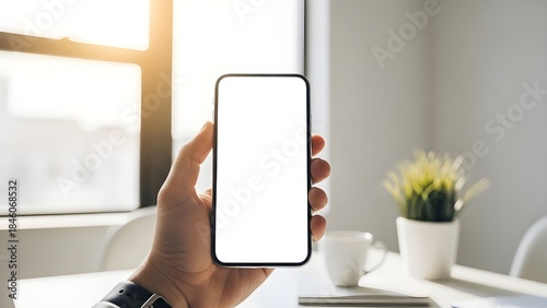 Human Hand Holding Smartphone with Blank Screen in Modern Office