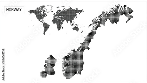 Vector illustration of Norway map, geographic illustration, european country, detailed outline, shaded relief, pixel art style, world map comparison