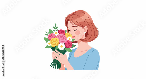 Woman smelling flowers bouquet with transparent background