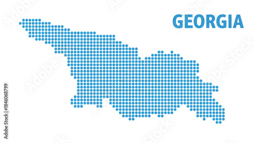 Vector illustration of Colorful pixelated map of georgia country in black and blue background with orange and light blue pixels, country shape made of small dots